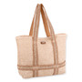 side view of a rectangular tan woven straw tote bag featuring blue and cream striped fabric trim and top handles.