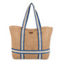 Front view of a rectangular tan woven straw tote bag featuring blue and cream striped fabric trim and top handles.