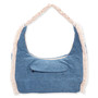 back view of a crescent-shaped blue fabric hobo bag featuring vertical cream fringe trim and a braided macramé shoulder strap.