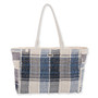Front view of a rectangular blue and cream plaid woven tote bag featuring frayed fringe edges and matching fabric handles.