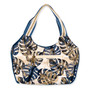 Back view of a slouchy canvas tote bag featuring a navy and gold monstera leaf print with striped shoulder straps.