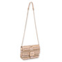 Side view of a rectangular, light-brown striped woven straw crossbody bag with a distinctive square woven buckle on the flap.