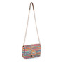 Side  view of a rectangular multi-color striped woven straw crossbody bag featuring a square woven buckle and thin tan strap.