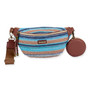 Front view of a crescent-shaped striped woven straw belt bag featuring brown leather trim, antique gold hardware, and round pouch.