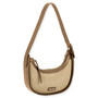 side view of beige woven crescent handbag with tan leather trim, adjustable shoulder strap, curved structured shape, and small metallic bottom brand plate.