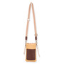 Front view of beige crossbody bag with darker brown front pocket, long adjustable strap, metal hardware, and compact rectangular everyday design.