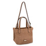 Front view of brown woven handbag with short handles, long shoulder strap, structured rectangular body, and small metallic bottom brand plate accent.
