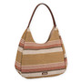 Front view of striped woven shoulder bag with curved top, single strap, tan‑beige‑cream bands, reddish‑brown accent stripe, and small bottom label.