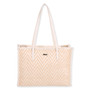 back view of beige chevron‑pattern tote with long white handles, woven textured body, and structured rectangular shape highlighting casual everyday design