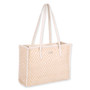 side view of beige chevron‑pattern tote with long white handles, woven textured body, and structured rectangular shape highlighting casual everyday design.