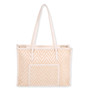front view of beige chevron‑pattern tote with long white handles, woven textured body, and structured rectangular shape highlighting casual everyday design