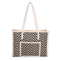 back view of black and white chevron‑pattern tote with long cream handles, structured rectangular shape, and woven textured body highlighting modern