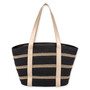 rear view of navy and beige striped woven tote with long beige handles, horizontal textured bands, and small top metallic label detailing.