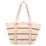 rear view of beige and tan striped woven tote with long light handles, horizontal textured bands, and small top center tag highlighting structured design.