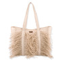 Front view of beige woven tote bag with long shoulder straps, dense straw fringe detailing, and structured shape emphasizing natural textured summer design.