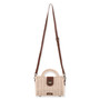 Front view of a rectangular cream woven straw bag featuring a brown leather turn-lock closure, matching strap, and bronze hardware