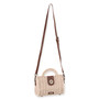 Side view of a rectangular cream woven straw bag featuring a brown leather turn-lock closure, matching strap, and bronze hardware