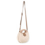 Side view of a circular woven straw bag featuring tan leather-wrapped handles, an adjustable crossbody strap, and antiqued gold-tone hardware