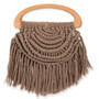 Front view of a brown macramé tote featuring concentric corded loops, long fringe detailing, and a smooth, curved wooden handle.