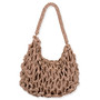 Front view of a tan Cascade Wave scoop tote featuring a thick macramé knotted exterior, braided shoulder strap, and gold-tone hardware.