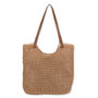 Front view of tan Sun N Sand crochet shoulder tote featuring rectangular open-mesh weave, brown faux-leather straps, and brass rivets.