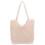 Front view of cream Sun N Sand crochet shoulder tote featuring rectangular open-mesh weave, tan faux-leather straps, and brass rivets.