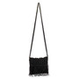 Front view of black macramé Sun N Sand crossbody bag featuring geometric diamond-patterned weave, long fringe trim, and braided strap.