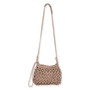 Front view of tan macramé Sun N Sand crossbody bag featuring knotted rope exterior, solid interior pouch, and braided strap with silver-tone ring.