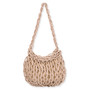 Front view of tan macramé Sun N Sand shoulder bag featuring heavy knotted rope exterior, solid interior pouch, and braided strap.