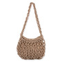 Front view of dark tan macramé Sun N Sand shoulder bag featuring heavy knotted rope exterior, solid interior pouch, and braided strap.