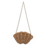 Front view of tan crochet shell-shaped crossbody bag by Sun N Sand featuring open-weave fan texture and gold-tone chain strap.