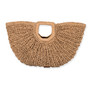 Front view of tan Sun N Sand fan-shaped straw tote featuring thick crochet texture, integrated top handle, and brown logo.