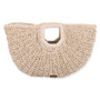 Front view of cream Sun N Sand fan-shaped straw tote featuring thick crochet texture, integrated top handle, and brown logo.
