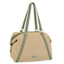 Side view of tan crochet Sun N Sand shoulder bag featuring sage green webbed straps attached by silver-tone metal rings.