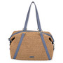 Front view of tan crochet Sun N Sand shoulder bag featuring blue webbed straps attached by antique brass-tone metal rings.