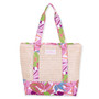 Front view of cream woven straw Sun N Sand tote featuring vibrant pink and green floral canvas trim and straps.