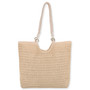Rear view of cream crochet Sun N Sand tote featuring green embroidered hibiscus flowers, braided rope handles, and gold-tone rings.