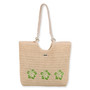 Front view of cream crochet Sun N Sand tote featuring green embroidered hibiscus flowers, braided rope handles, and gold-tone rings.