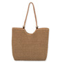 Rear view of tan crochet Sun N Sand tote featuring pink embroidered hibiscus flowers, braided rope handles, and gold-tone rings.