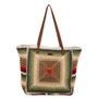 Front view of earth-toned crochet Sun N Sand tote featuring concentric olive and tan squares, red star center, brown leather straps.