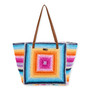 Front view of multi-color crochet Sun N Sand tote featuring concentric rainbow square patterns, star center, and brown leather straps.