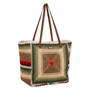Side view of earth-toned crochet Sun N Sand tote featuring concentric olive and tan squares, red star center, brown leather straps.