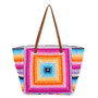Rear view of multi-color crochet Sun N Sand tote featuring concentric rainbow square patterns, star center, and brown leather straps.