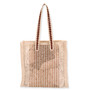 Front view of Sun N Sand hollow willow shoulder tote featuring cream open-weave mesh and brown scalloped faux-leather straps.