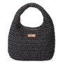 Front view of black Sun N Sand crochet hobo bag featuring a textured open-weave body, integrated top handle, and brown logo.