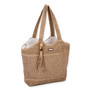 Three quarters view of tan Sun N Sand crochet tote featuring mixed-stitch textures, beaded tassel charm, and flat woven shoulder straps.