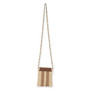 Rear view of cream and tan crochet Sun N Sand phone crossbody bag featuring brown suede flap and woven chain strap.
