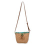 Front view of Sun N Sand Dusk Willow tan crochet crossbody bag featuring blue beaded tassel and brown adjustable strap.
