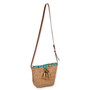 Three Quarters view of Sun N Sand Dusk Willow tan crochet crossbody bag featuring blue beaded tassel and brown adjustable strap.