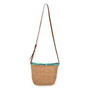 Rear view of Sun N Sand Dusk Willow tan crochet crossbody bag featuring blue beaded tassel and brown adjustable strap.